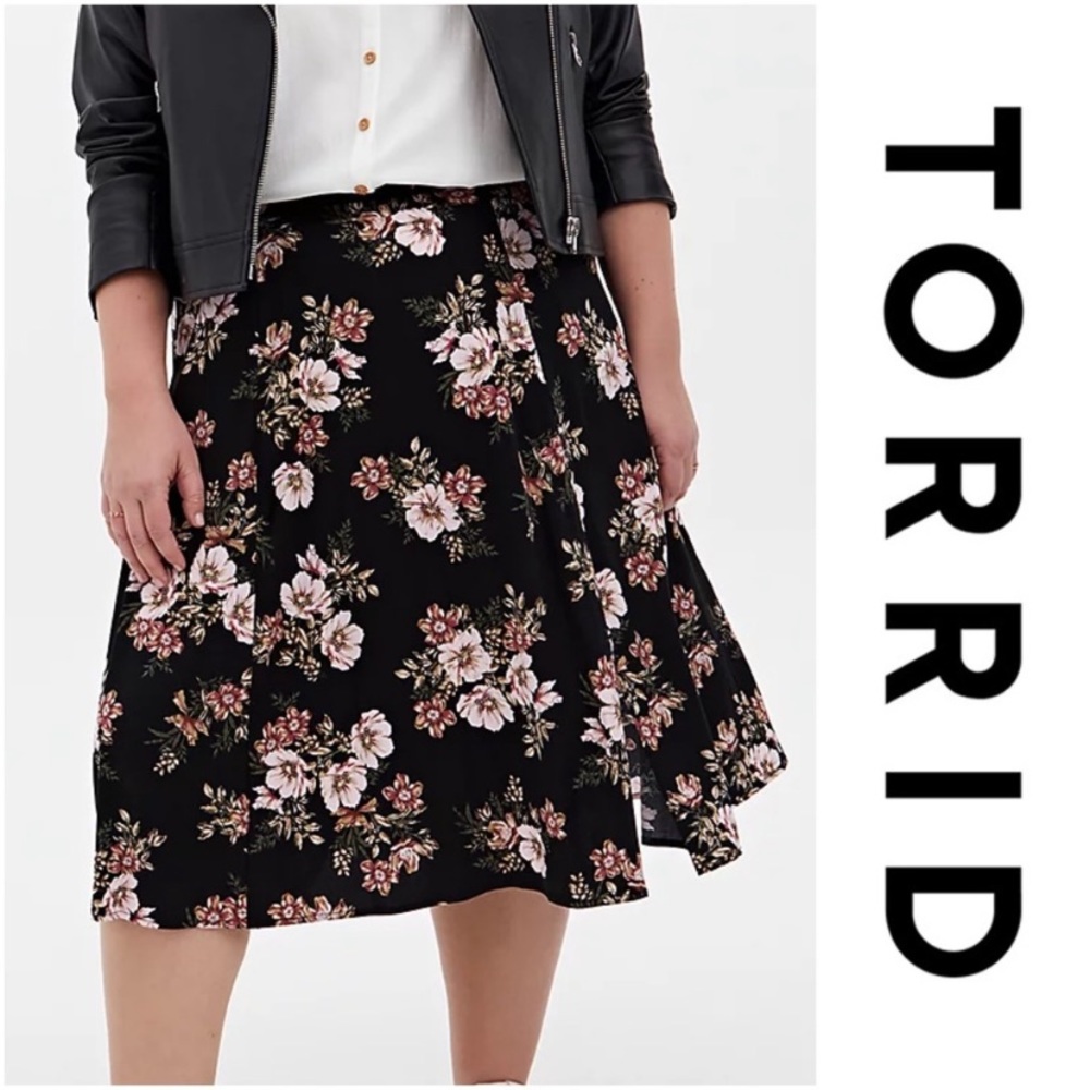 BLACK FLORAL STRETCH CHALLIS SLIT A-LINE MID SKIRT